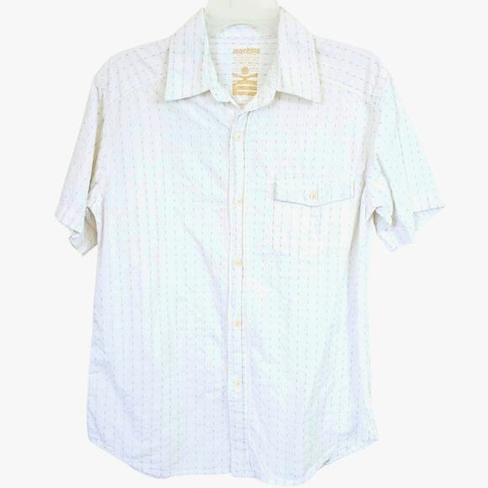 Machine Men's White‎ Blue Casual Button-Down Shirt Short Sleeves Small Summer